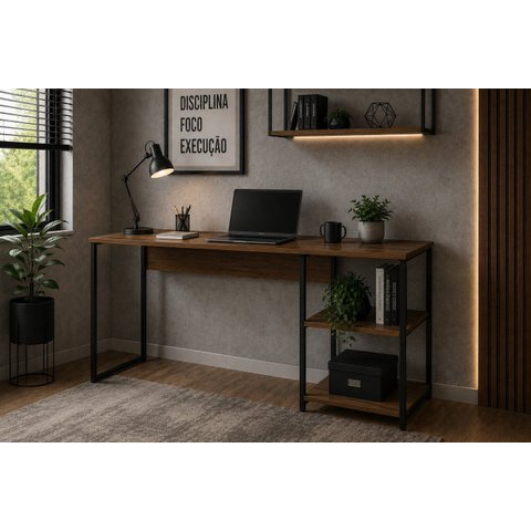 Mesa Industrial com 2 Prateleiras 120x50cm Nogal Preto