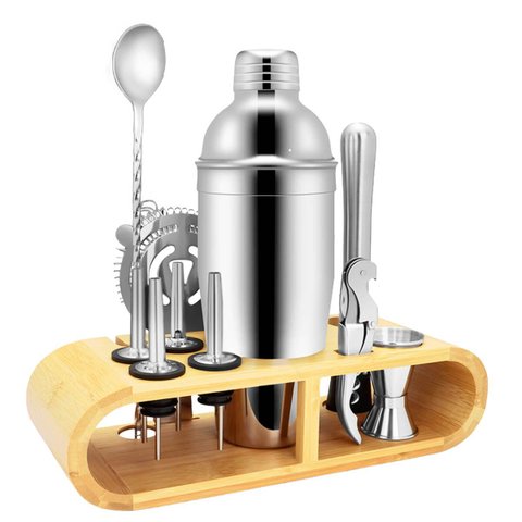 Kit Bartender Profissional 12 Peças em Aço Inox com Coqueteleira 550ml e Suporte