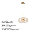 Ver imagem 3 de Lustre Pendente Sala Cristal e Vidro Dourado e Âmbar 30cm