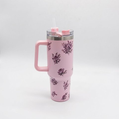 Copo Térmico Ms-931 1200ml com Estampas Florais - Aço Inox com Tampa Emborrachada:Floral Rosa
