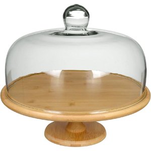 Prato Bolo Boleira Redondo Home&co Tampa Vidro Bambu 30x33x33cm