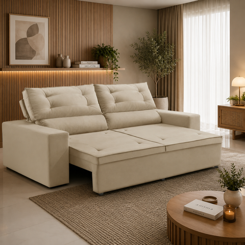 Sofá Retrátil 2 Lugares com Molas 1,50m Laila Suede Bege