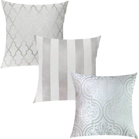 Kit 3 Capas de Almofadas Luxo Adamascado, Listrado e Geométrico Prata e Branco 45x45cm Sua Casa Deco