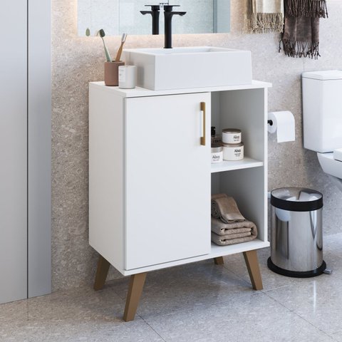 Gabinete para Banheiro 60cm com 1 Porta e 2 Prateleiras BA305 sem Cuba Branco