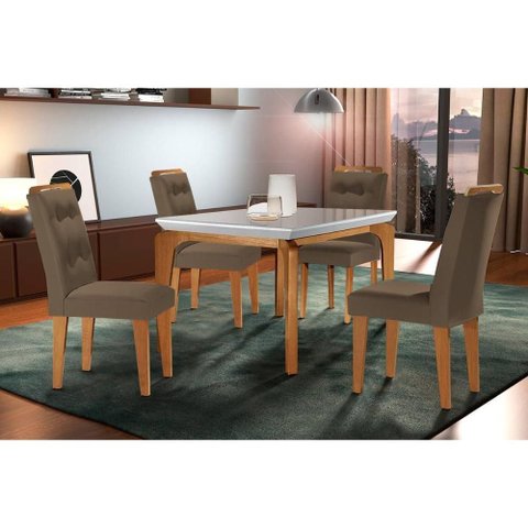 Conjunto: Mesa Sala Jantar Londrina C/ Tampo Madeirado C/ Vidro Canto Curvo 120x80cm e 4 Cadeiras