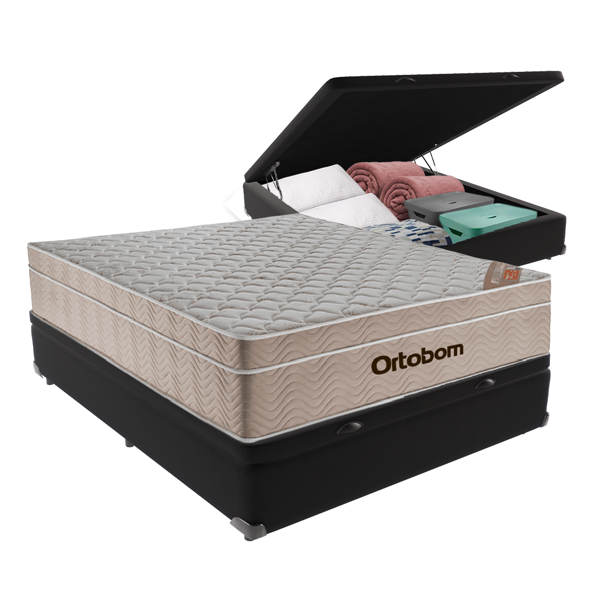 Cama Box com Baú Casal Preta e Colchão Ortobom Airtech Molas Ensacadas