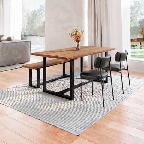 Conjunto Mesa de Jantar Rústica e Banco de Madeira Maciça com Cadeiras Mona