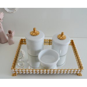 Kit Higiene Porcelana Bebê + Bandeja Pérola - Provençal Dourado