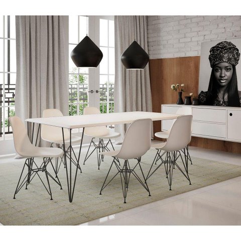 Conjunto De Mesa Clips De Ferro Preto Tampo Branco 135X75 6 Cadeiras Assento Branco