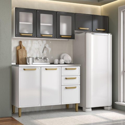 Cozinha Compacta Aço com Pia Grafite/branco Bella Bertolini