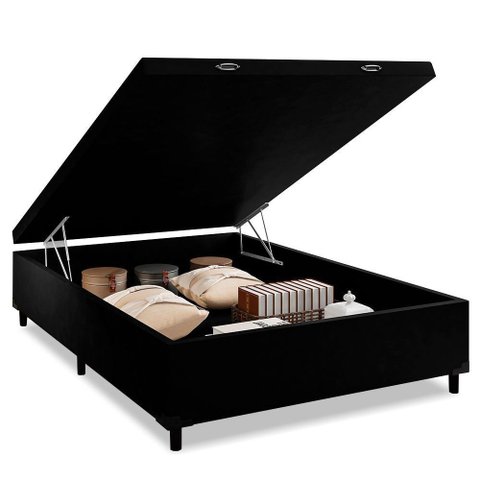Base Box Baú Casal em Corino Preto com Pistão a Gás - 41x138x188cm