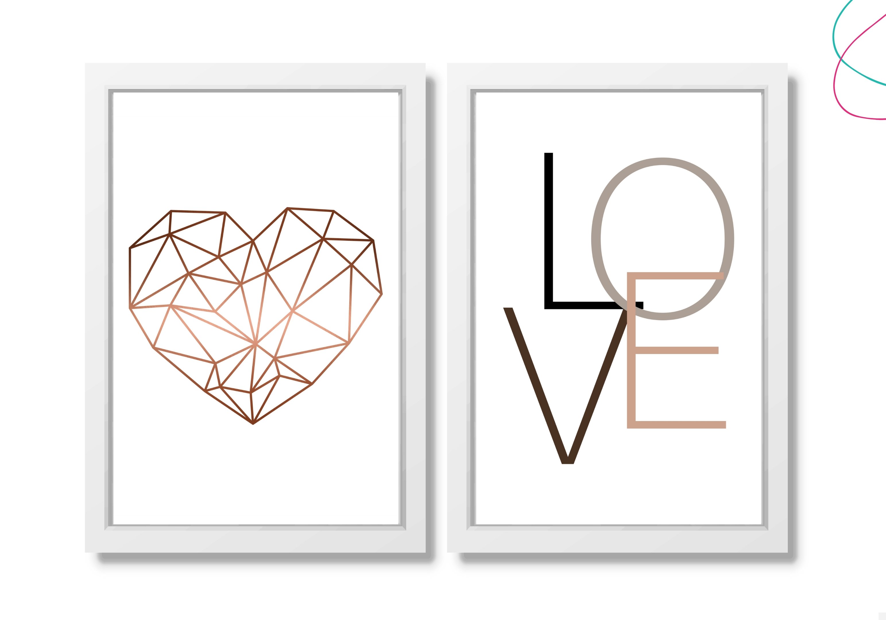 Kit 2 quadros Coração Geométrico e Love:Branca