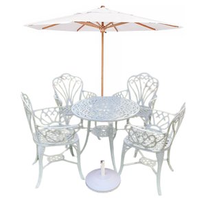Conjunto de Jardim Fortaleza Mesa 4 Cadeiras Aluminio Fundido e Ombrelone