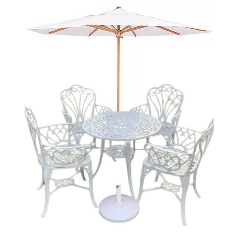 Conjunto de Jardim Fortaleza Mesa 4 Cadeiras Aluminio Fundido e Ombrelone