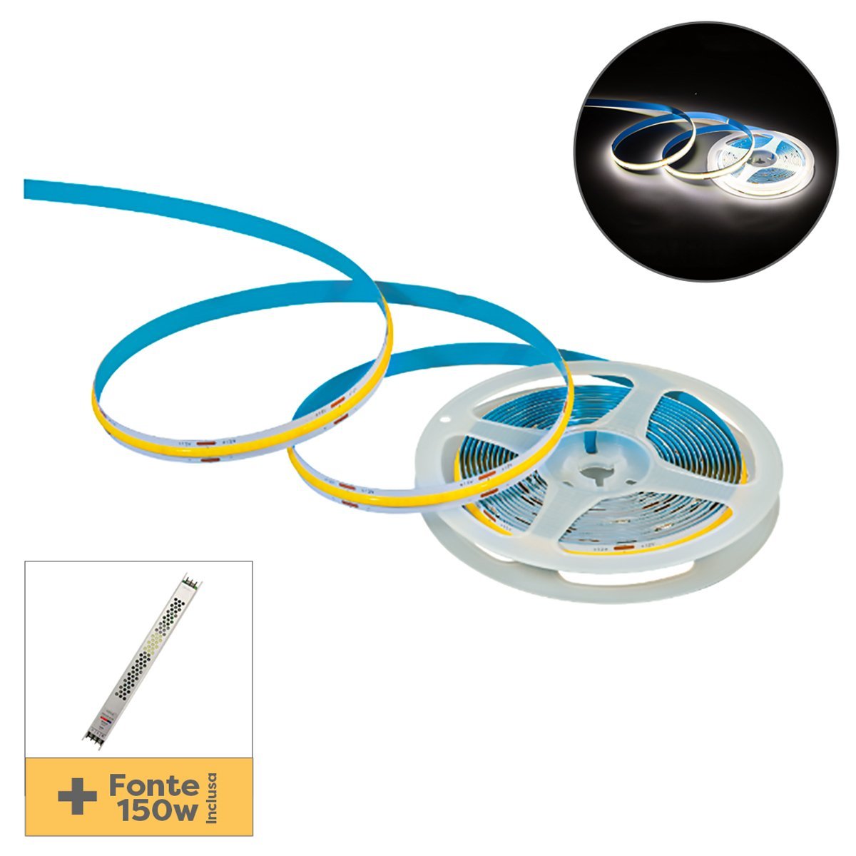 Fita Led Cob Delis 12v 12w/m 5m 320LEDS/m 4000K + Fonte 150w - 2