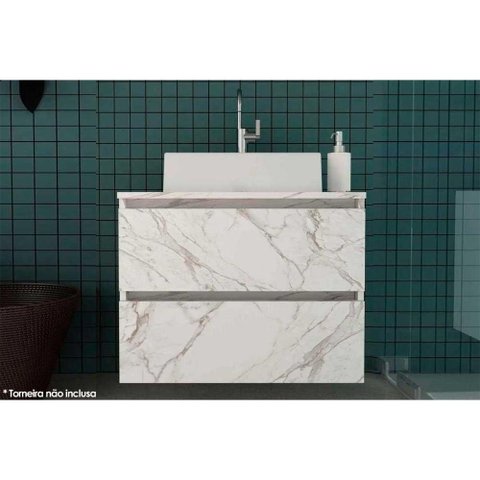 Conjunto de Banheiro Balcão Suspenso Bn3607 C/ Cuba Pia Bn3600 60cm Cor Mármore Branco - Tecno