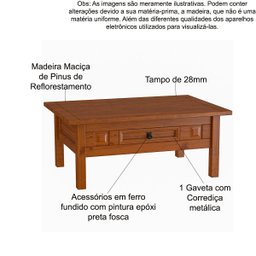Mesa de Centro 1 Gaveta para Sala de Estar 100% Madeira Maciça Imperial Imbuia Fosco - 4