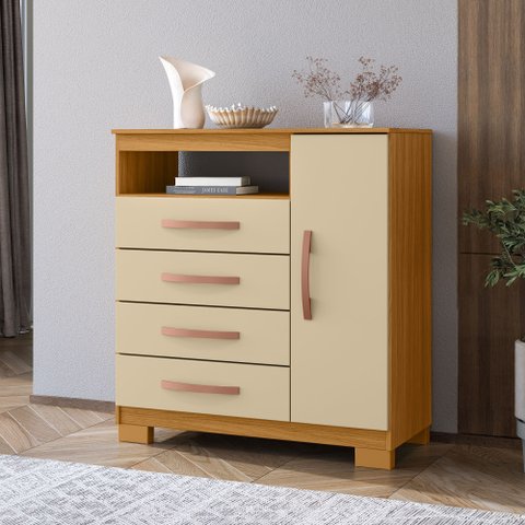 Cômoda para Quarto Sapateira 1 Porta 4 Gavetas Nicho Itapema Bege/Carvalho Americano/Off White