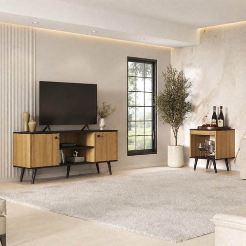Conjunto Sala de Estar Tóquio 2 Peças, Rack para TV e Mesa Apoio Cor Lamina Mel / Preto C00D1350MA