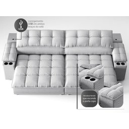 Sofá com Porta Copos e Carregador Usb Ret Rec Luke 2,90m Linho Soft Prata - Netsofas - 6