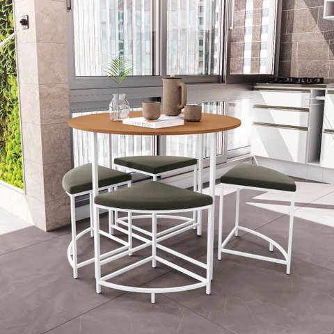 Mesa Sala de Jantar Redonda com 4 Banquetas Estofadas Canela/branco