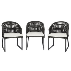 3 Cadeira Noronha Aluminio Micro Pintura Preta, Tr. Telinha Corda Nautica Preta, Estofado - Branco