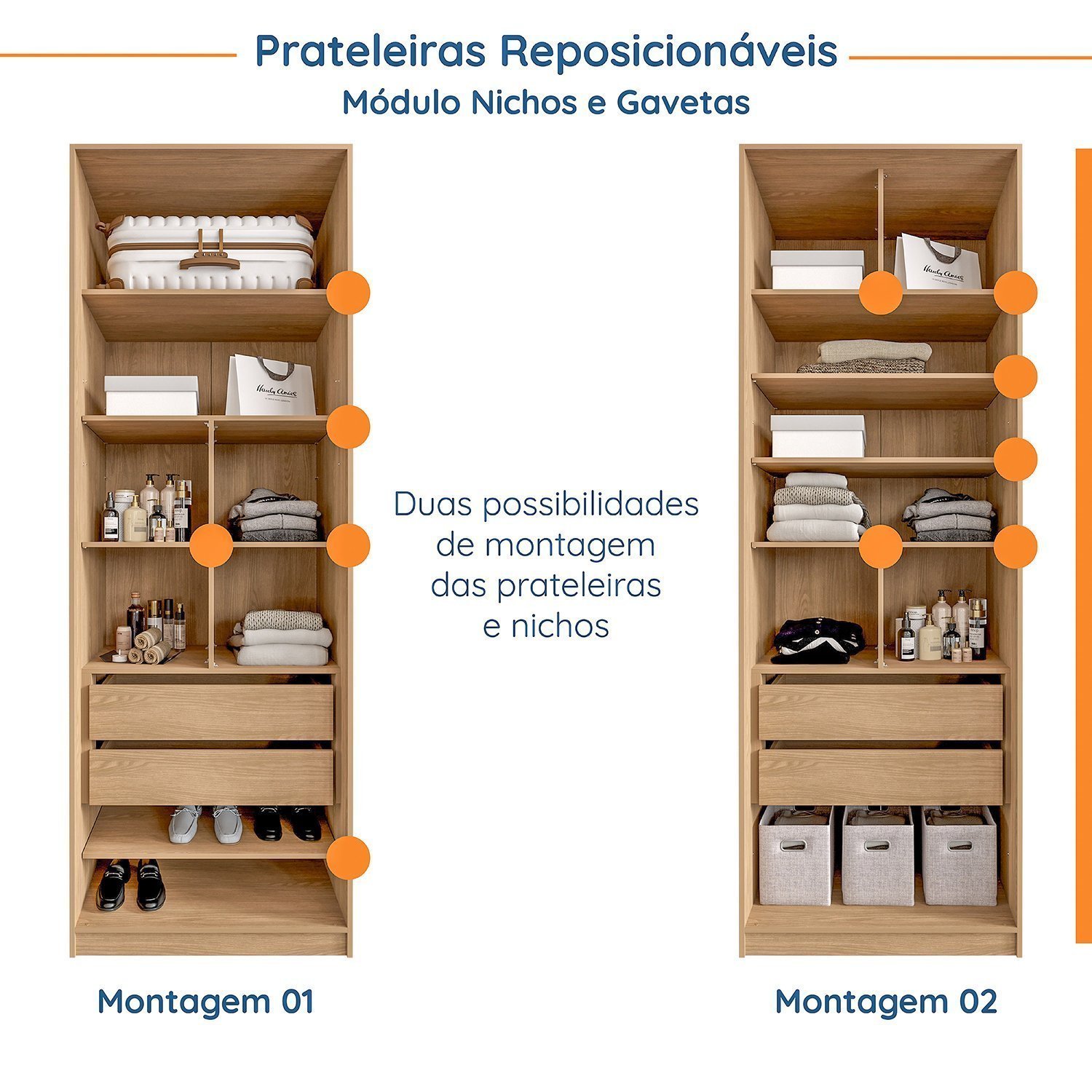 Conjunto Modulado 3 Peças Nichos com 2 Gavetas, Penteadeira e Cabideiro Joy CabeCasa MadeiraMadeira - 6