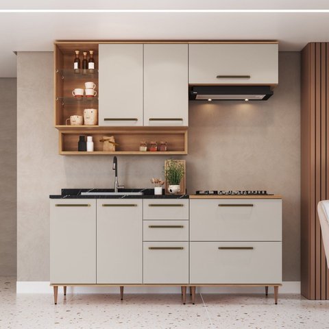 Cozinha Modulada 5 Peças com Nicho Decorativo Balcão para Cooktop Isabelle Bege/Freijó/Arenas