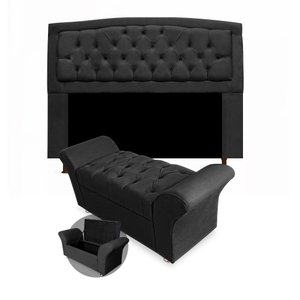 Kit Cabeceira Geovana + Calçadeira Baú Veneza Casal 140cm Suede - Ecotec Decor:Preto