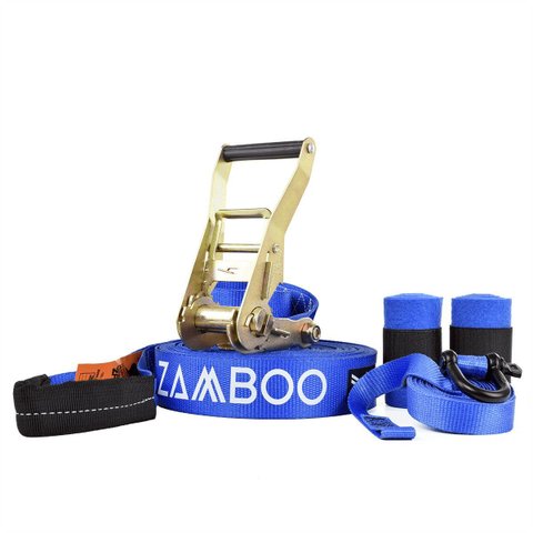 Slackline Zamboo Kit Baseline 10m X 50mm Azul com Catraca Reforçada, Backup e Protetores Suporta 3 T