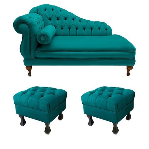 Recamier Divã Namoradeira Larissa 150cm + 2 Puffs Retrô Suede Azul Turquesa
