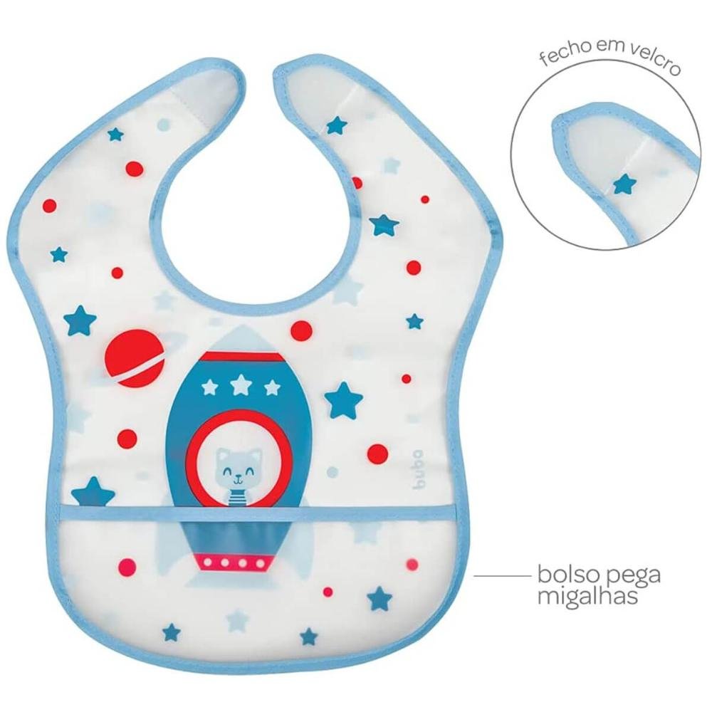 Kit 6 Babadores Infantis Impermeáveis com Coletor Cata Migalhas Foguete Azul Buba - 4