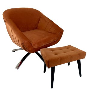 Kit Poltrona Giovana Giratória Cromado, Puff Capitonê Luxo e Almofadas em Sued Premium:terracota