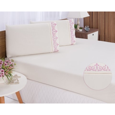 Jogo lençol quarto casal Padrão bordado 3 pç Palha com Rose