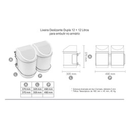 Lixeira Dupla Deslizante Embutir Pia Armário 12L com Trilhos - 2