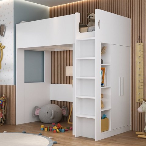 Cama Alta Infantil/Juvenil com Armário e Nichos Branco