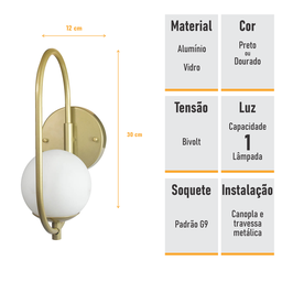 Arandela Parede ONLINE  DOURADO Globo de Vidro BRANCO - 4124-14-BR - 5