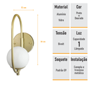 Ver imagem 5 de Arandela Parede ONLINE DOURADO Globo de Vidro BRANCO - 4124-14-BR