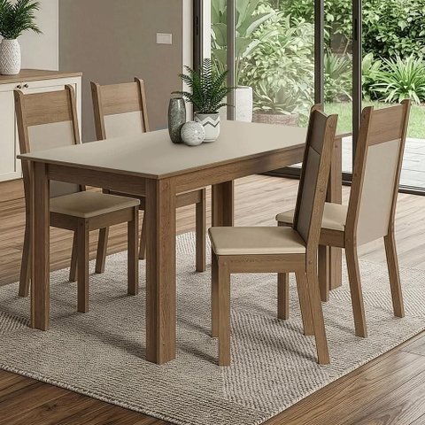 Conjunto Sala de Jantar Mel Mesa Tampo de Madeira 4 Cadeiras Rustic/Crema/Sintético Bege Madesa