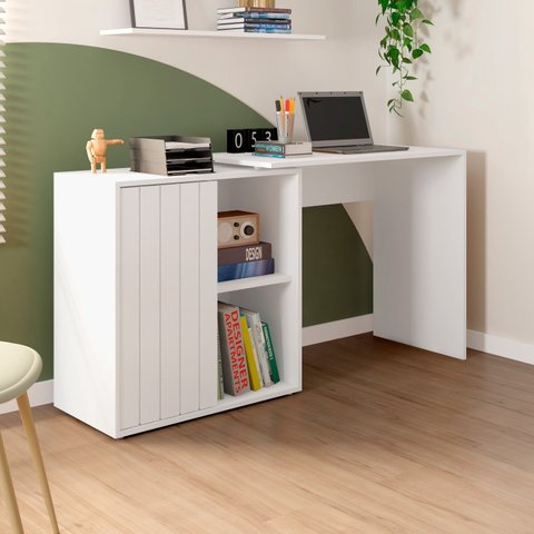 Escrivaninha Mesa Escritório com Ripada Start 1 Porta 140cm Branco Fosco