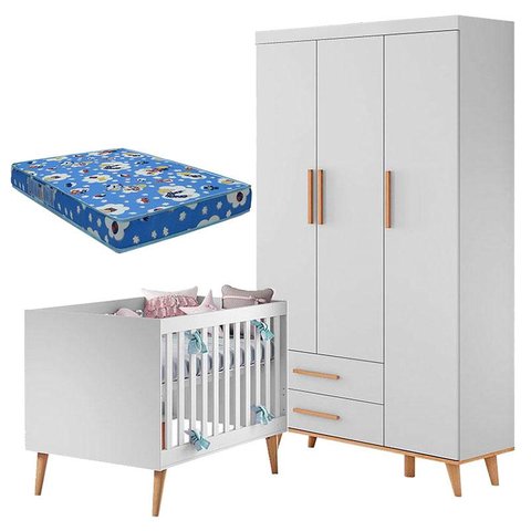 Berço Americano e Guarda Roupa Infantil Ludmila Branco Bétula com Colchão Ortobom – Carolina
