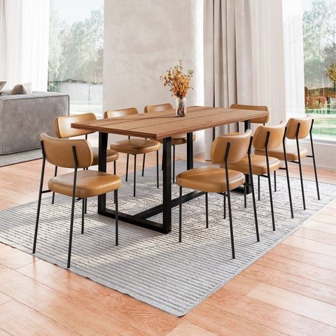 Conjunto Mesa de Jantar Rústica Madeira Maciça com 8 Cadeiras Mona