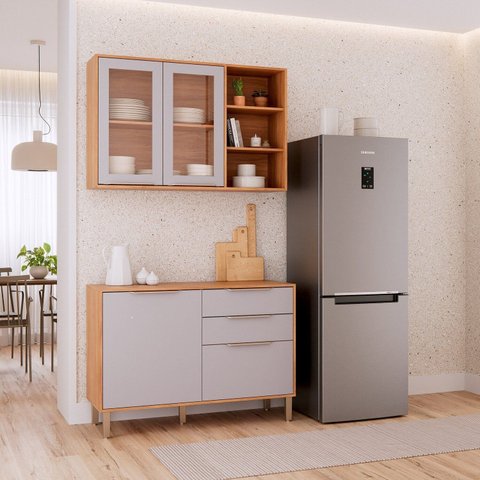 Cozinha Modulada 2 Peças Brilhante com 01 Balcão e 01 Armário Aéreo Bege/Cinamomo/Platina