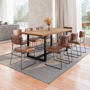 Conjunto Mesa de Jantar Rústica de Madeira Maciça com 8 Cadeiras Aço Roma