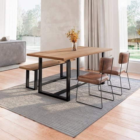 Conjunto Mesa de Jantar Rústica e Banco de Madeira Maciça com Cadeiras Aço Roma