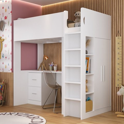 Cama Alta Infantil/Juvenil com Escrivaninha, Armário e Nichos