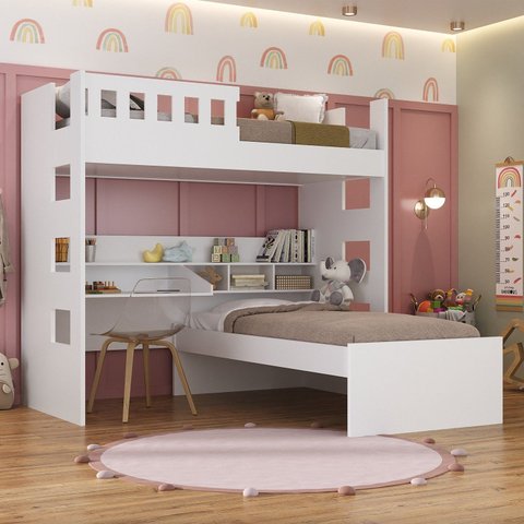 Beliche Infantil/Juvenil com Escrivaninha e Nichos Branco