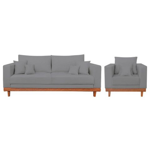 Kit Poltrona Living + Sofá 2 Lugares com Base Madeira Linho Cor:grafite