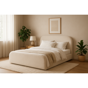 Cama de Casal Estofada Linha Alta Tecido em Linho Off para Quarto