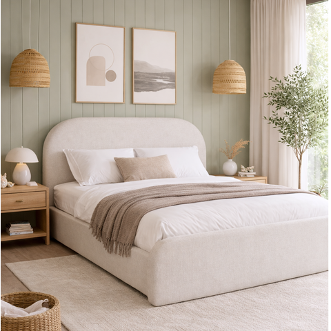 Cama de Casal Valentina 1.40m Estofada Linha Alta Tecido em Linho Offwhite para Quarto